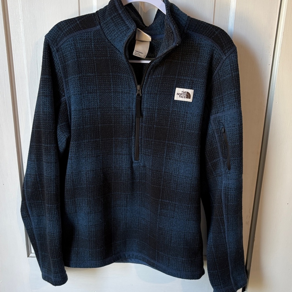 The North Face Men's Black and Blue Plaid Zip-Up Sweater